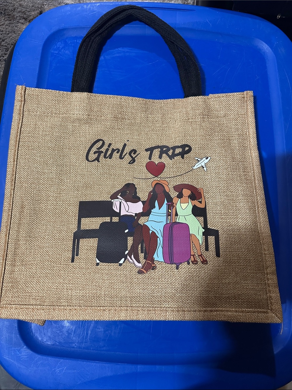 Girls Trip Natural Jute Tote Bag with Black Handles